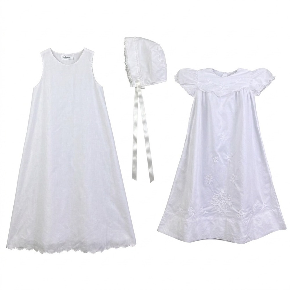 VTG Tiny Tots Original White Embroidered Christening Baptism Gown Slip Bonnet